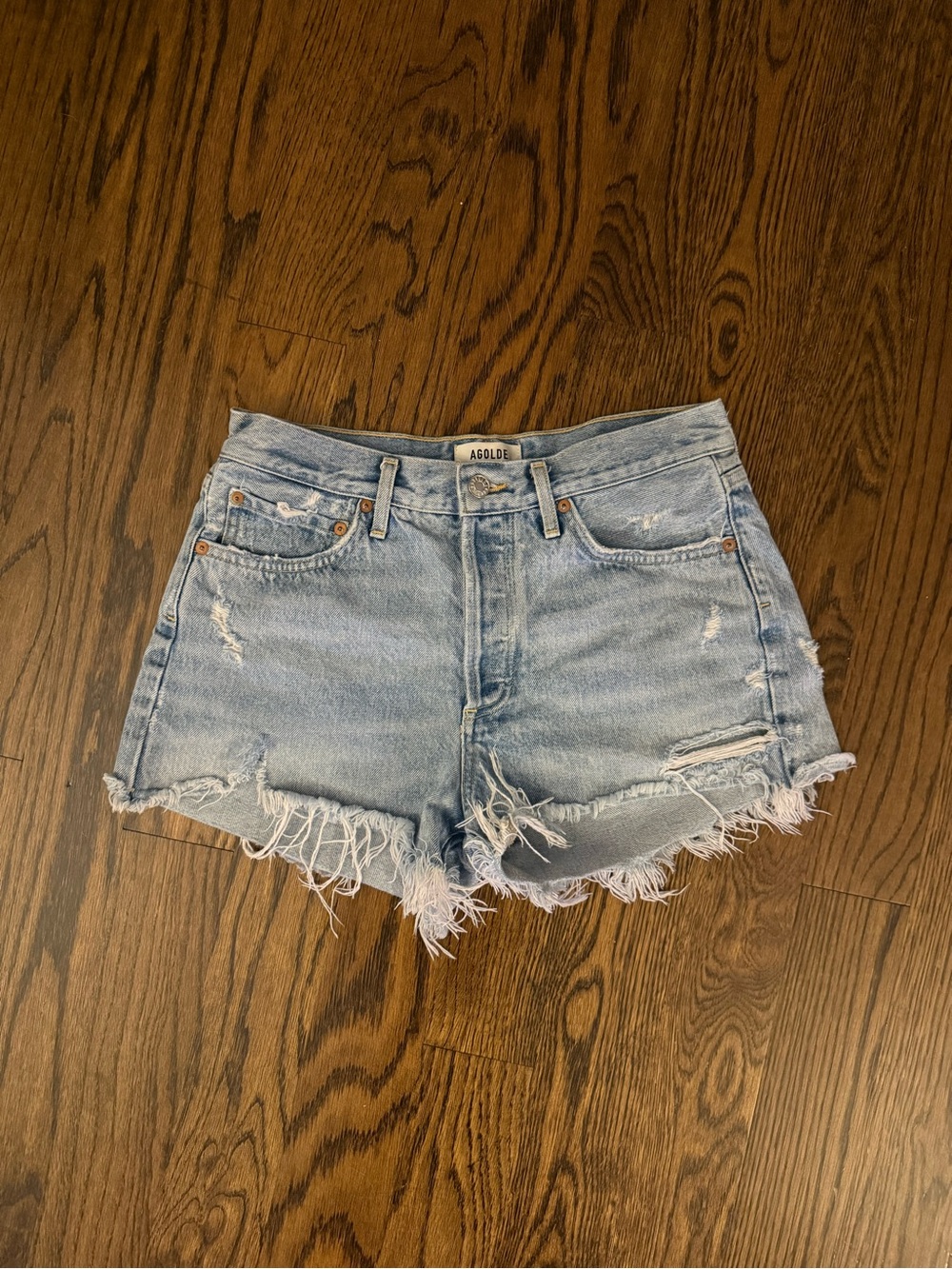 AGOLDE Light Wash “Parker” Distressed High-Rise Jean Shorts